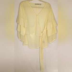 Valerie Stevens Gingham Yellow Blouse Sz L layered Balloon sleeves sheer D2